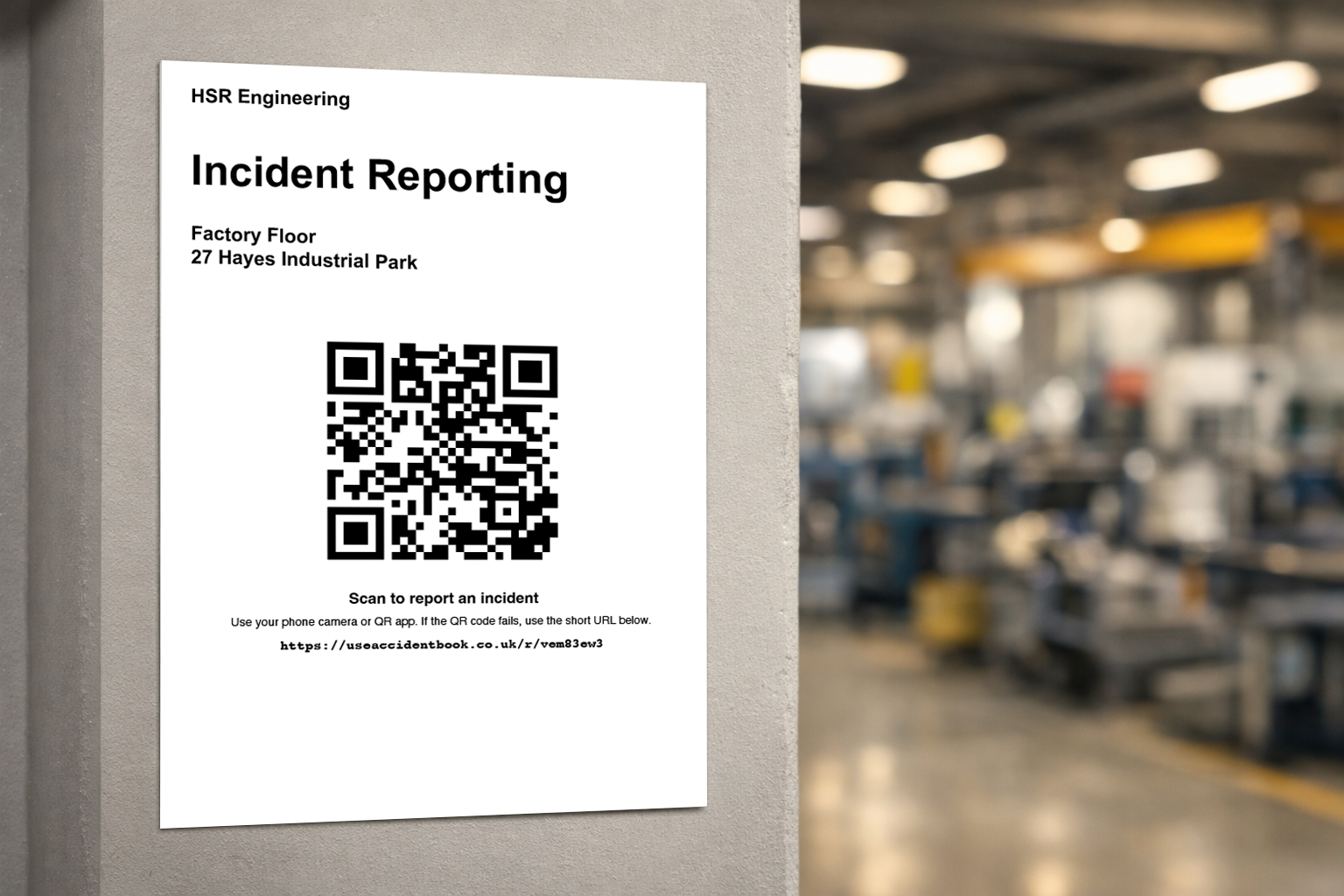 QR code poster for incident reporting displayed in a factory