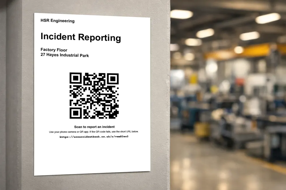 QR code poster for incident reporting displayed in a factory